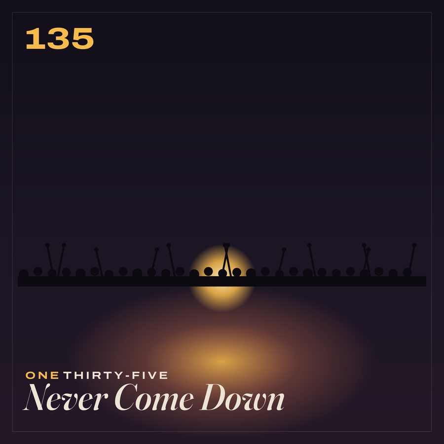 Never Come Down cover art: a rising sun on the horizon behind a crowd with their hands up